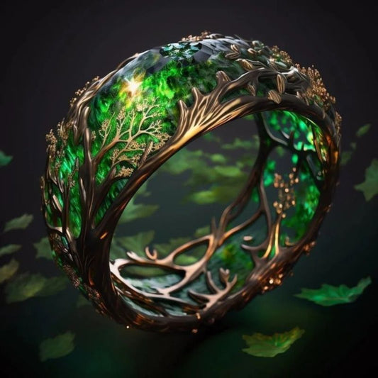 Light-luxury Inlaid Ring Featuring A Malachite Branch And Vine Design